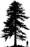 A striking silhouette of a solitary pine tree with a small figure standing beneath its branches vector