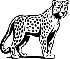 Black and white illustration of a cheetah standing in profile, showcasing its distinctive spots and elegant posture vector