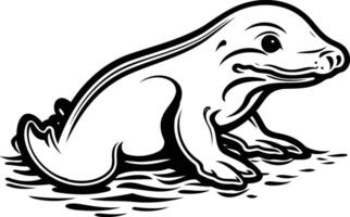 A detailed, black and white line art illustration of a stylized frog sitting on a lily pad vector