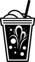 A simple, bold black and white illustration of a fizzy drink with a straw vector