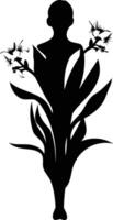 A striking silhouette of a woman merging with a blossoming plant, symbolizing growth, unity, and the cycle of life vector