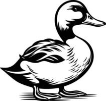 A detailed black and white illustration of a duck, perfect for logo design, branding, or as a decorative element vector