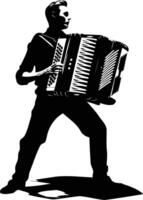Silhouette of a musician playing an accordion, a striking black and white image ideal for music, entertainment, and cultural themes vector