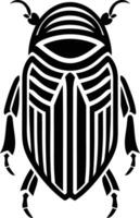 A striking black and white illustration of a beetle, rendered in a bold, graphic style vector