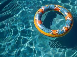 Inflatable ring in swimming pool, top view. Banner with copy space for design. summer wallpaper, blue water texture background photo
