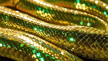 luxury New Year's banner Background for year of snake. Iridescent shiny snakeskin pattern with golden and green glow. symbol of 2025 photo