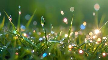 Blurred fresh green grass field in early morning with drop of Water dew. on grass in garden. spring summer natural background. Clean environment banner with copy space and bokeh backdrop photo
