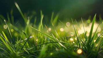 Abstract summer background with copy space. Juicy green grass on meadow with drops of water dew sparkle in morning light in spring outdoors. horizontal macro close-up photo of nature. blurred backdrop