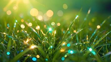 Blurred fresh green grass field in early morning with drop of Water dew. on grass in garden. spring summer natural background. Clean environment banner with copy space and bokeh backdrop photo