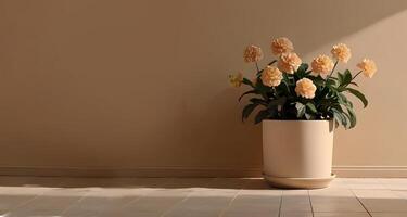 empty beige wall. Minimal style interior, ceramic vase house plant, ceramic tiles on the floor. 3d render of minimalistic interior design. Scandinavian empty room mock up with copy space photo