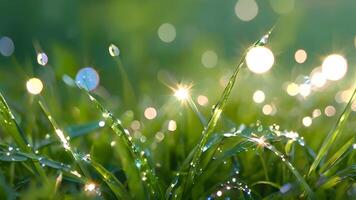 spring summer background. drops of water dew sparkle meadow on morning fresh juicy grass. sunny day light outdoors. banner with copy space, defocus background. close-up macro nature panorama photo