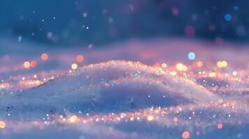 Winter christmas scene with sunlight, snow, white Fir branches. New year abstract background with lights. horizontal holiday festive greeting card or bunner with copy space photo