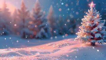 sunny winter banner layout with background of forest, fir trees, snowdrifts, blurred lights and copy space. Happy New year and marry Christmas greeting card template photo