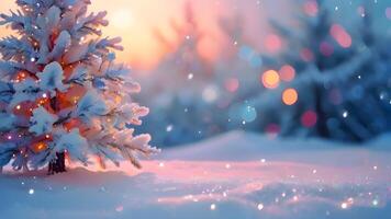 Frosty winter scene in snowy forest. Christmas background with fir trees and blurred background with bokeh effect of lights. Happy New year card with copy space. Beautiful Festive banner photo