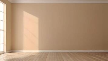 empty beige wall in modern bright room with window and wooden floor. 3d render of minimalistic interior design. Scandinavian empty room mock up with copy space photo
