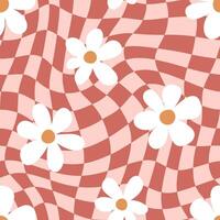Seamless pattern with daisy flowers on a wavy background. Hand drawn groovy vintage background. Perfect for textile, wallpaper or print design. vector