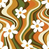 Seamless pattern with daisy flowers on a wavy background. Hand drawn groovy vintage background. Perfect for textile, wallpaper or print design. vector