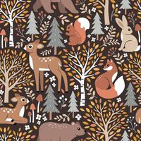 Seamless pattern with cute woodland animals. Hand drawn fawn, fox, squirrel, rabbit and bear. Pine tree, birch tree, mushroom, berry and leaf. Perfect for textile, wallpaper or print design. vector