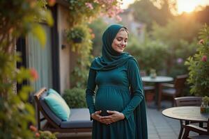 photo of pregnant woman standing pose at her fresh backyard house,