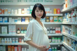 photo of pregnant woman with medicine shelf at room in clinic hospital,