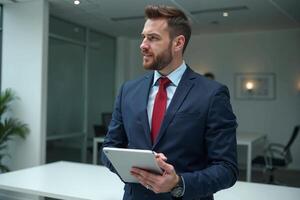 photo of man in navy suit outfit and red tie holding tablet in the office,