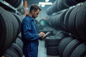 photo of man mechanic in blue outfit holding tablet in garage with tire in background,