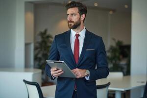 photo of man in navy suit outfit and red tie holding tablet in the office,