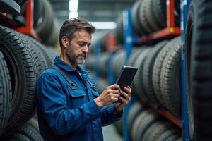 photo of man mechanic in blue outfit holding tablet in garage with tire in background,