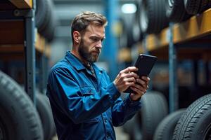 photo of man mechanic in blue outfit holding tablet in garage with tire in background,