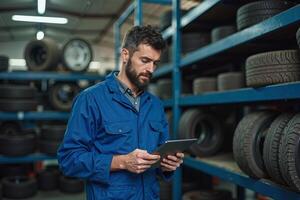 photo of man mechanic in blue outfit holding tablet in garage with tire in background,