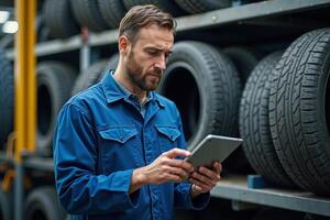 photo of man mechanic in blue outfit holding tablet in garage with tire in background,