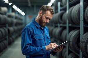 photo of man mechanic in blue outfit holding tablet in garage with tire in background,