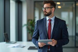 photo of man in navy suit outfit and red tie holding tablet in the office,
