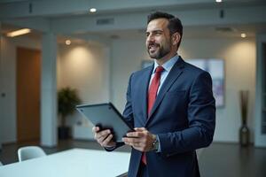 photo of man in navy suit outfit and red tie holding tablet in the office,