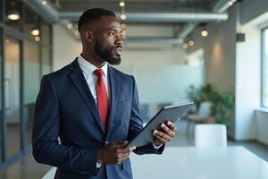 photo of man in navy suit outfit and red tie holding tablet in the office,