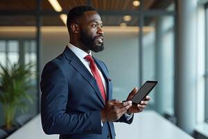 photo of man in navy suit outfit and red tie holding tablet in the office,