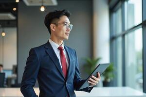 photo of man in navy suit outfit and red tie holding tablet in the office,