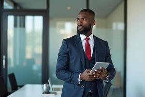 photo of man in navy suit outfit and red tie holding tablet in the office,