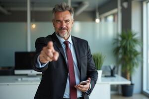 photo of man in suit outfit pointing index finger in the office,