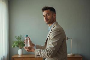photo of man in outfit with hand giving bottle of water in the house,