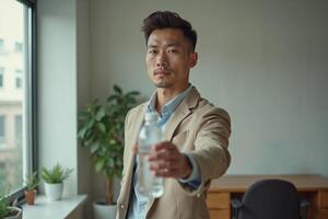 photo of man in outfit with hand giving bottle of water in the house,