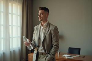 photo of man in outfit with hand giving bottle of water in the house,