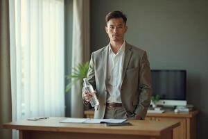 photo of man in outfit with hand giving bottle of water in the house,