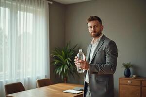 photo of man in outfit with hand giving bottle of water in the house,
