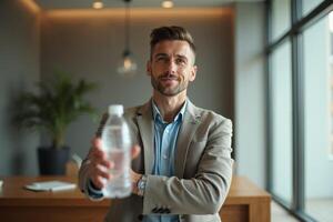 photo of man in outfit with hand giving bottle of water in the house,