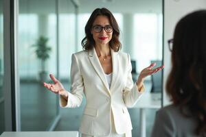 photo of woman in white blazer with open hand and colleagues meeting promote in the office,