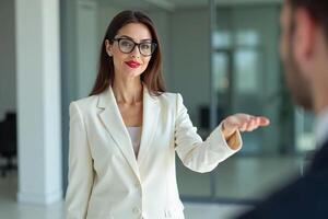 photo of woman in white blazer with open hand and colleagues meeting promote in the office,