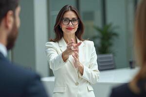 photo of woman in white blazer with open hand and colleagues meeting promote in the office,