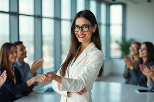 photo of woman in white blazer with open hand and colleagues meeting promote in the office,