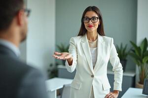 photo of woman in white blazer with open hand and colleagues meeting promote in the office,